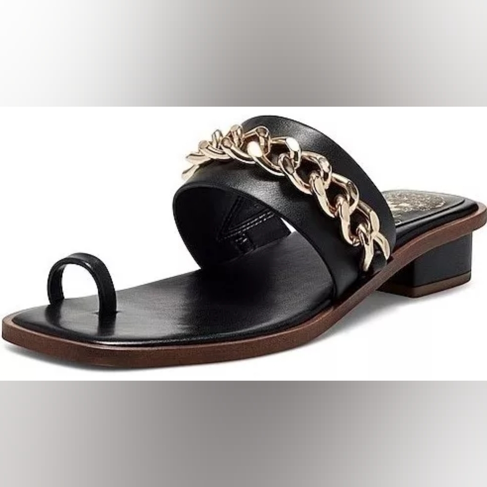 Vince Camuto Yamell Leather Toe-Loop Slide Sandal Black Leather Gold Chain Mule